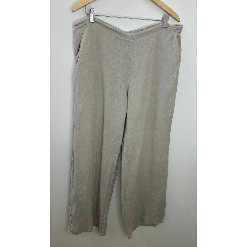 Flax 100% Linen Wide Leg Pants Medium - Large Taupe Tan Elastic Waist Lagonlook - Picture 14 of 15